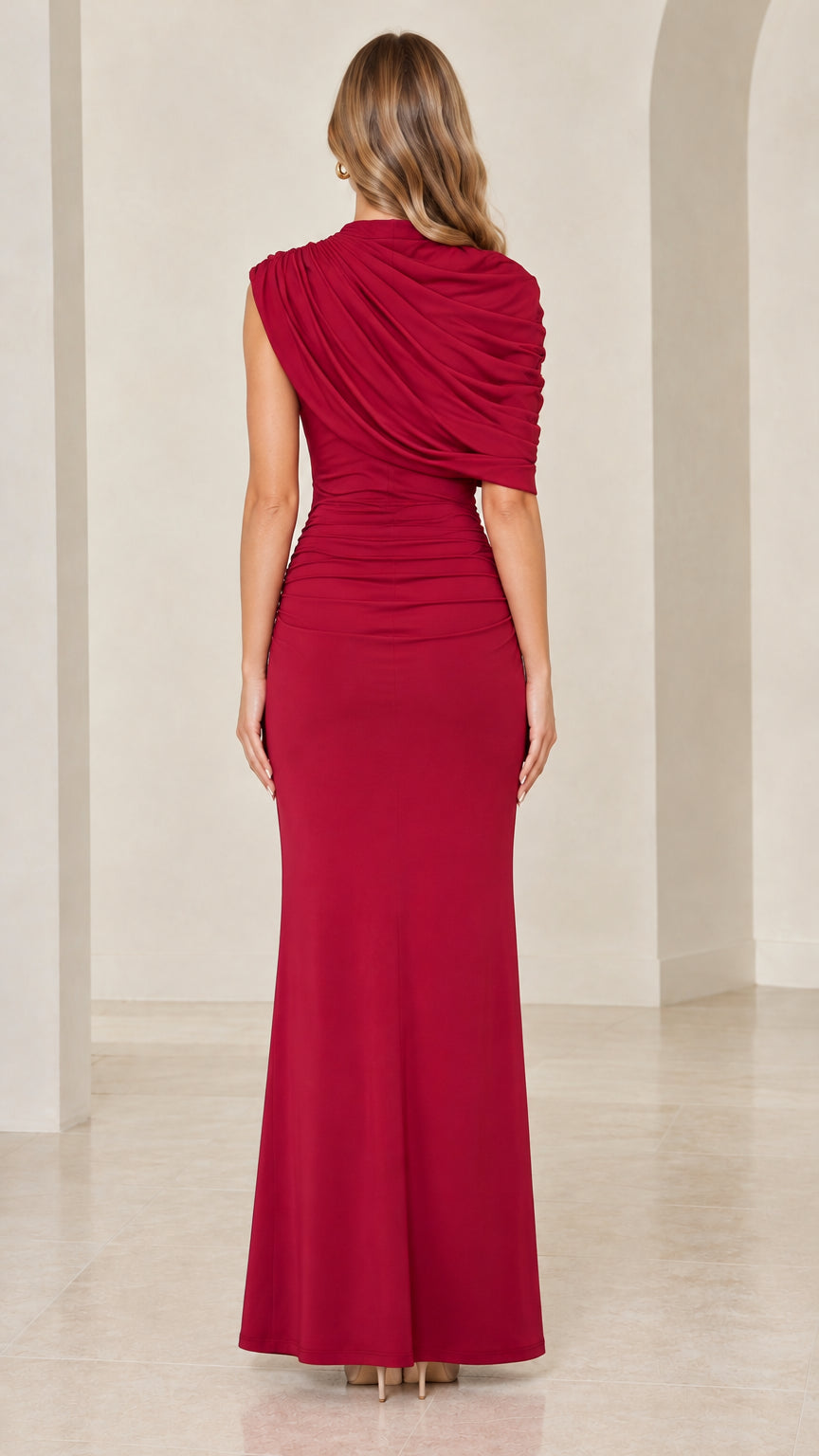 Back view of Wine Red draped capelet evening gown
