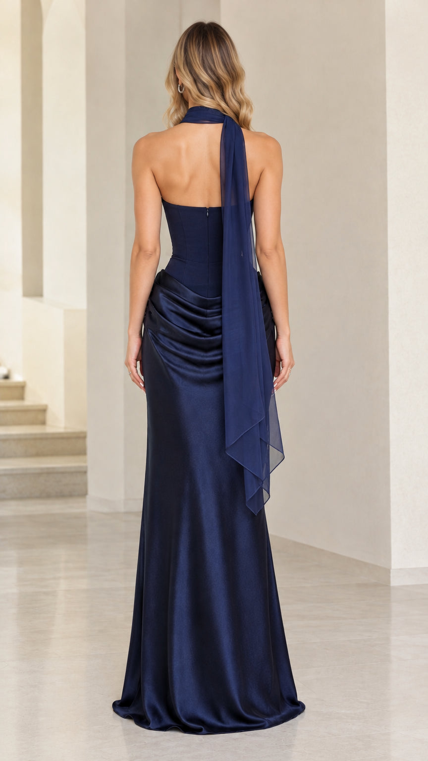 Back view of navy blue formal satin gown showing trailing scarf detail