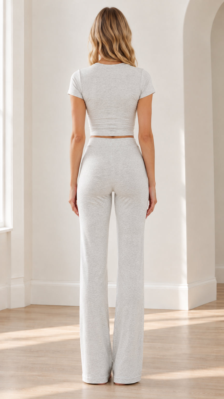 Back view of Light Gray short-sleeve crop t-shirt and flare pants set