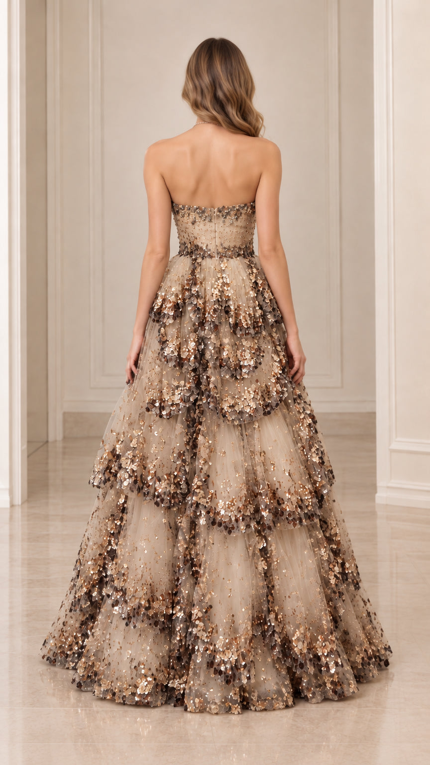 Back view of Champagne strapless tiered maxi evening gown