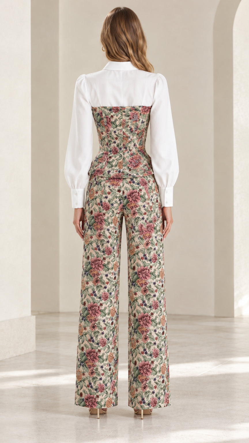 Rear view of model wearing beige floral corset top and wide-leg trousers