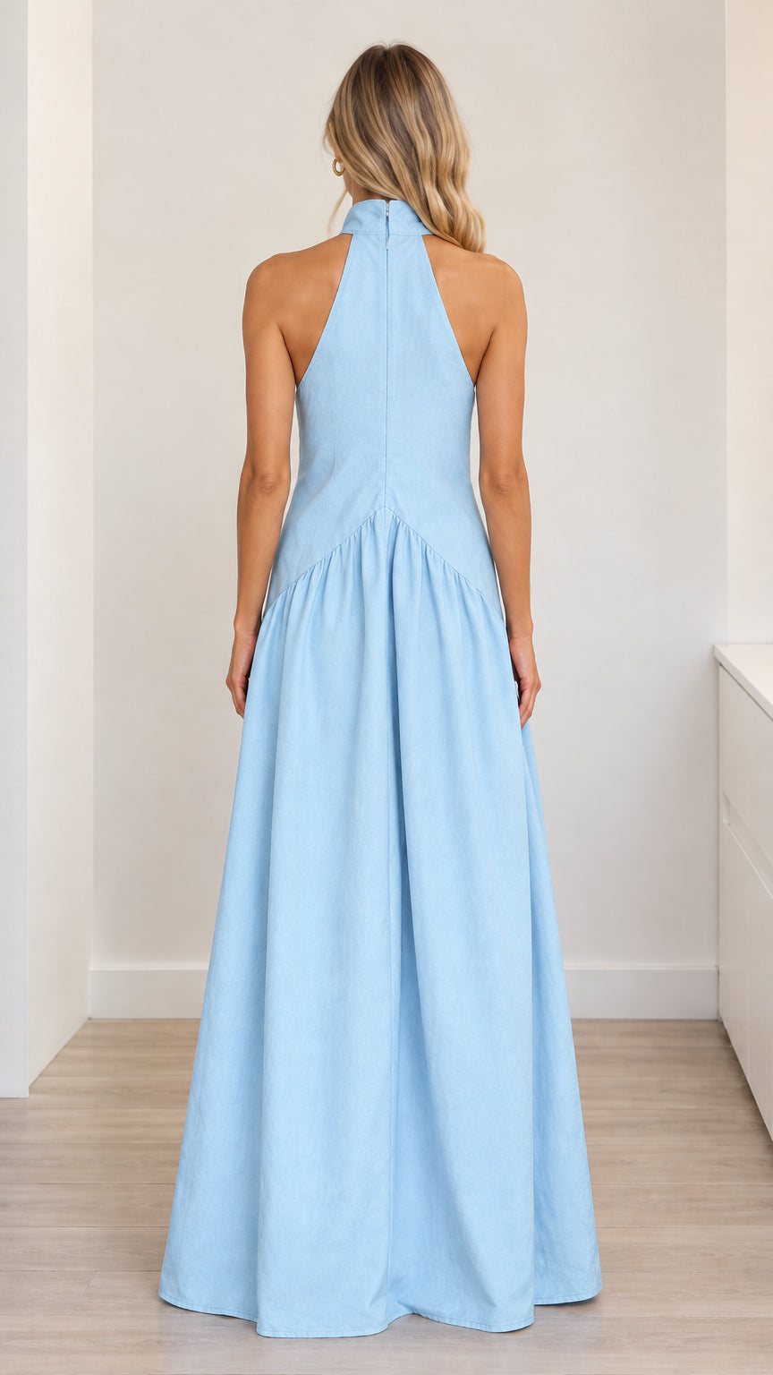 Light blue sleeveless maxi dress back view featuring high halter collar
