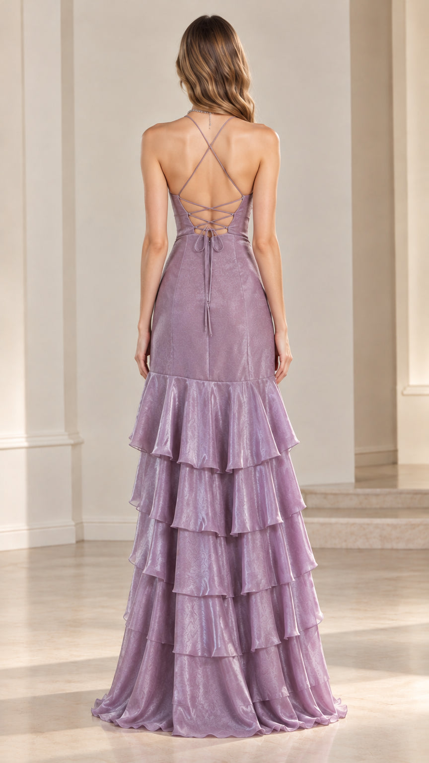 Back view of a lilac maxi gown highlighting the crisscross lace-up back design