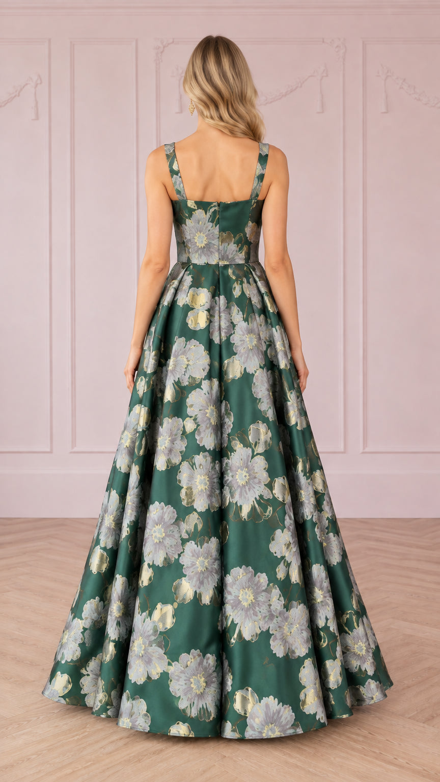 Rear view of woman in emerald green square back floral jacquard maxi dress