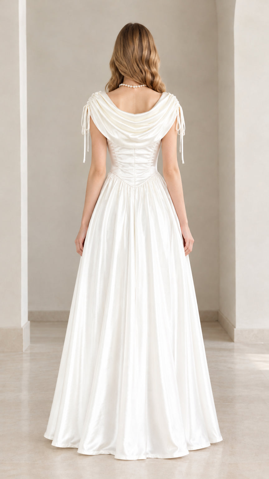 Back view of model wearing white cowl back satin evening maxi dress