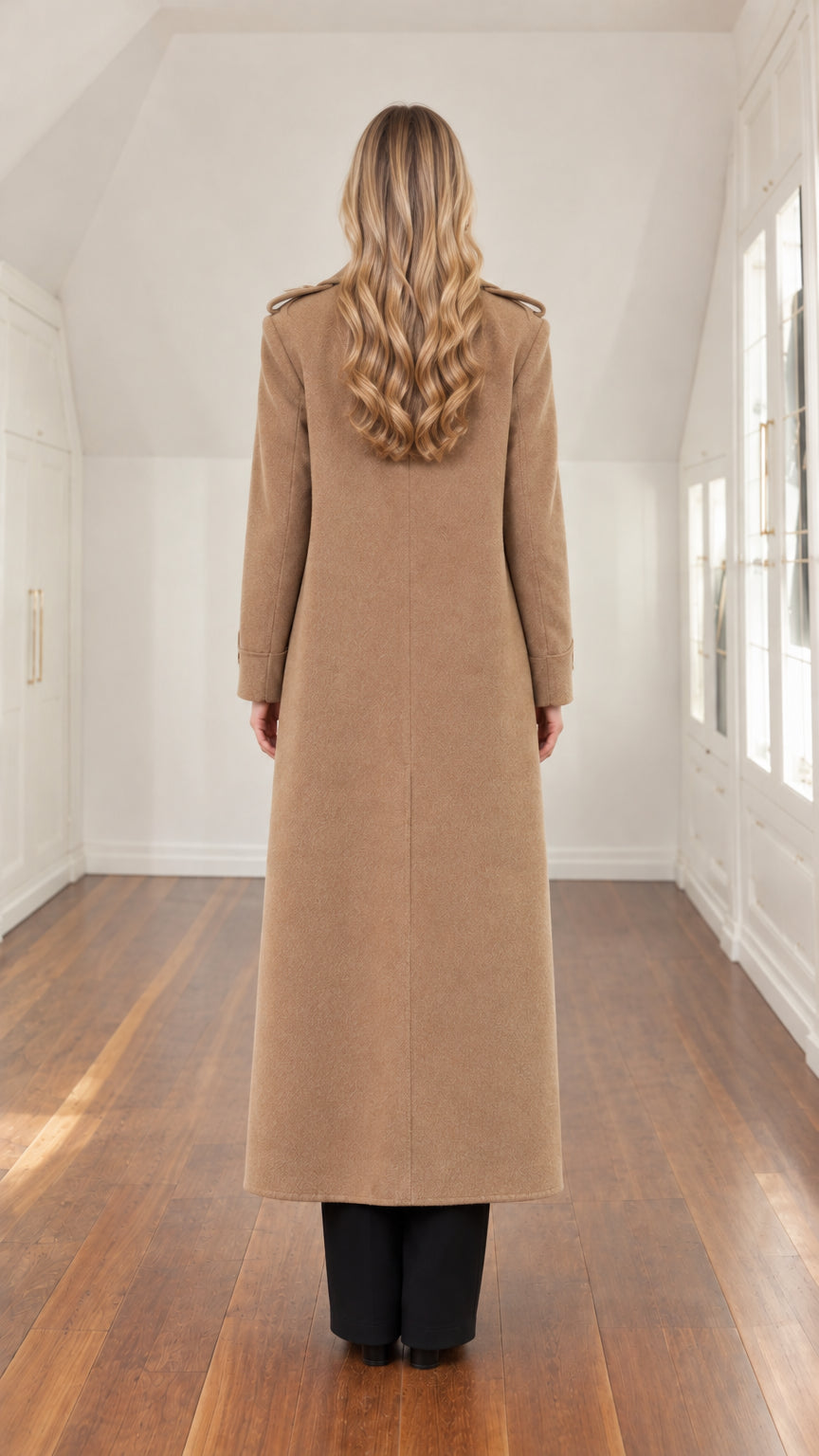 Back view of a woman wearing a camel ankle-length tailored overcoat
