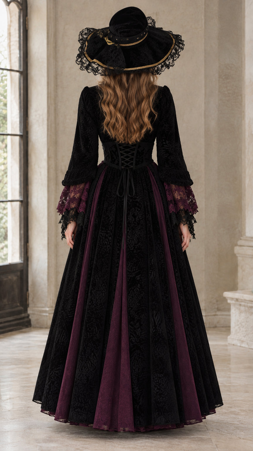 Back view of Burgundy and Black Gothic gown displaying lace-up corset detail and floor-length skirt