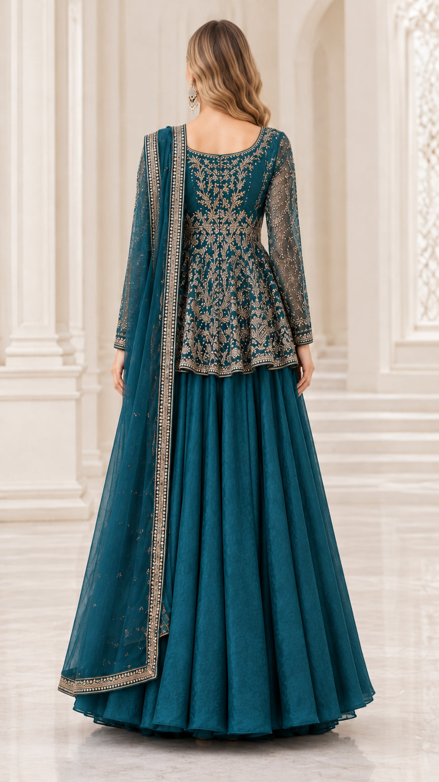Back view of teal blue ethnic three-piece outfit showcasing embroidered top and flared skirt