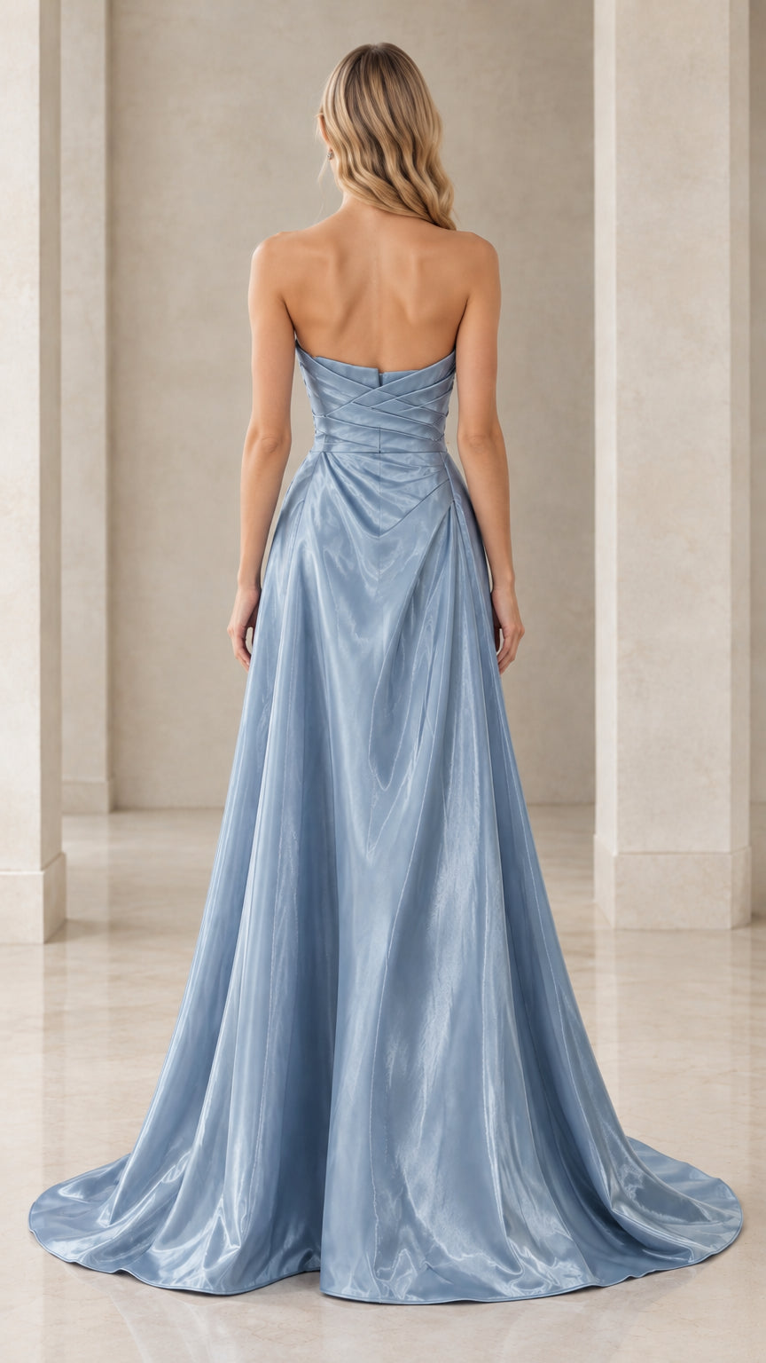 Rear view of woman wearing dusty blue strapless pleated satin gown with fitted back