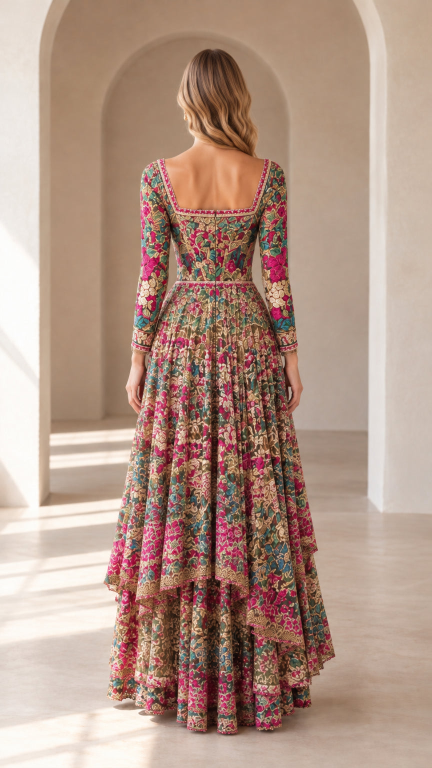 Back view of model showing square open back and tiered ruffled high-low hemline