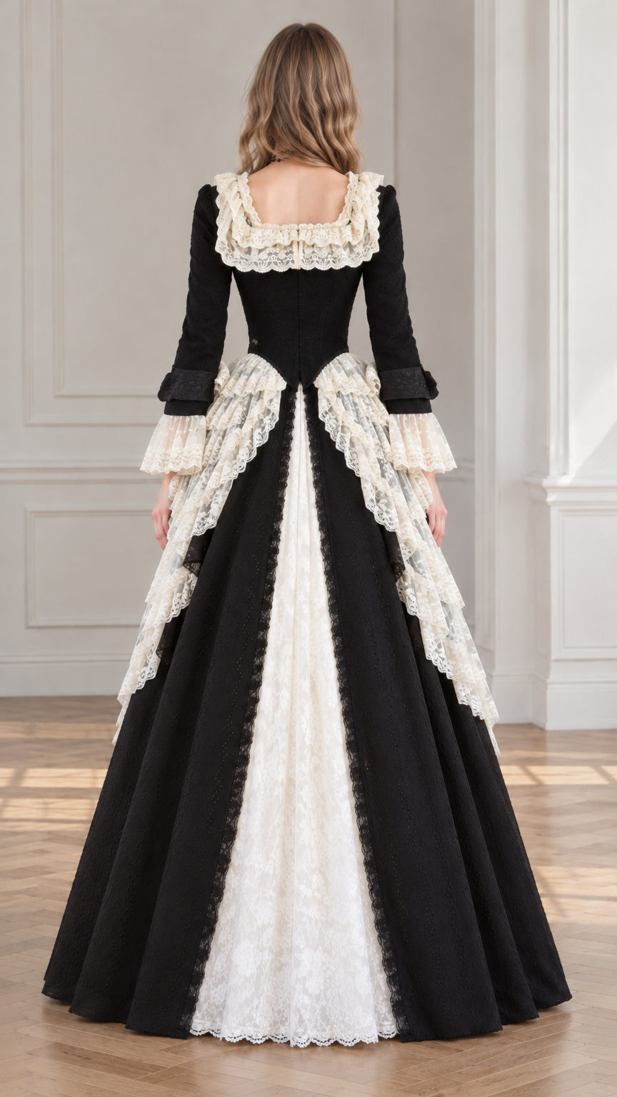 Back view of black Victorian gothic lace ball gown
