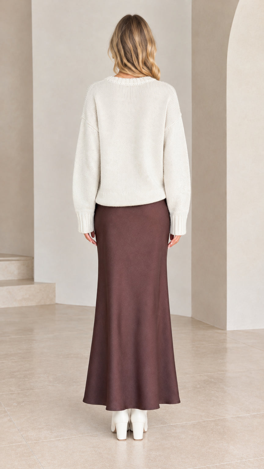 Model wearing white drop shoulder sweater and brown skirt - back view