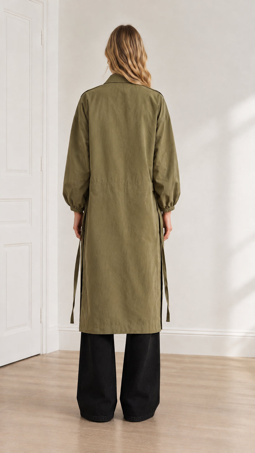 Back view of a model wearing an olive green long duster coat with drawstring waist detail