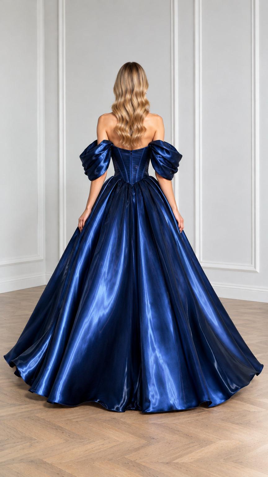 Back view of model in navy blue off-the-shoulder maxi ballgown