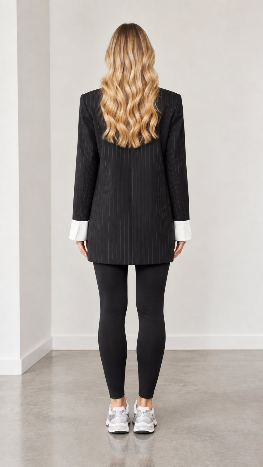 Back view of woman wearing tailored black pinstripe longline blazer