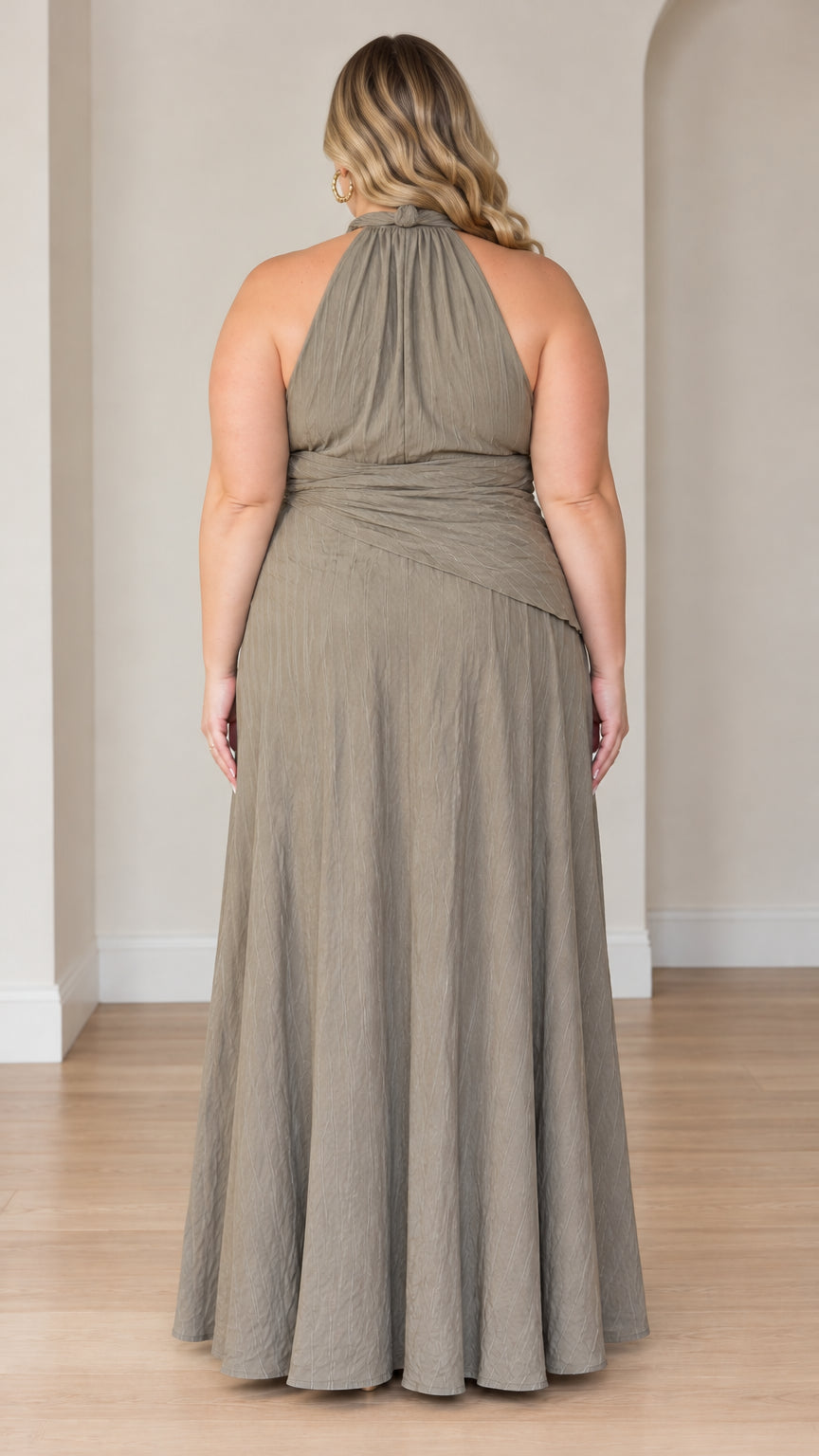 Sage green halter neck maxi dress showing high gathered neckline back view