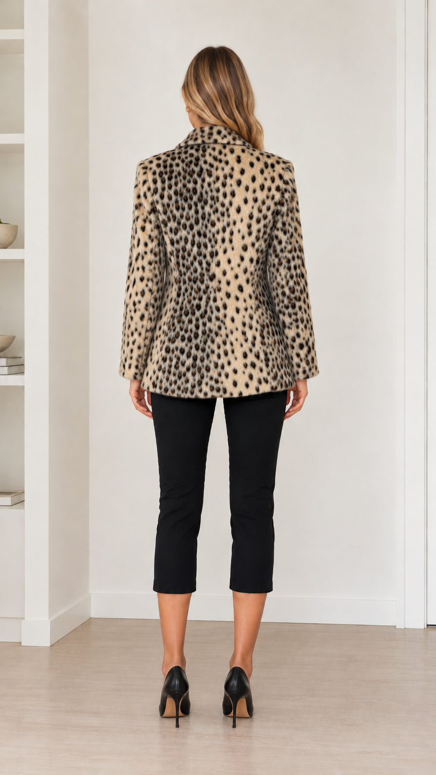 Back view of model wearing camel leopard print coat highlighting structured silhouette