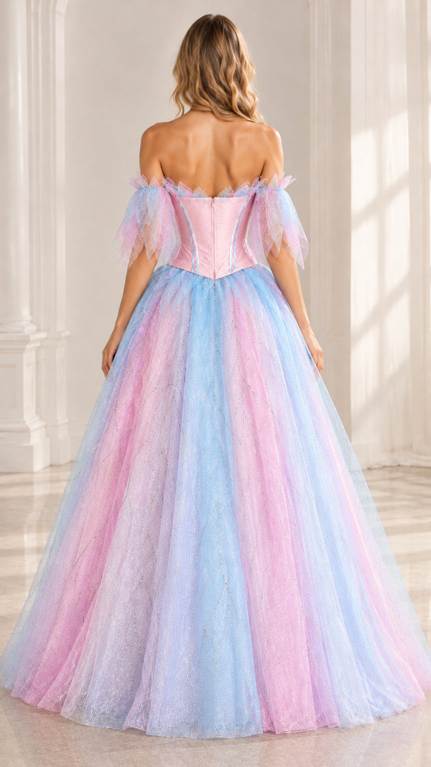 Back view of model showing pastel pink and blue corset bodice and full skirt