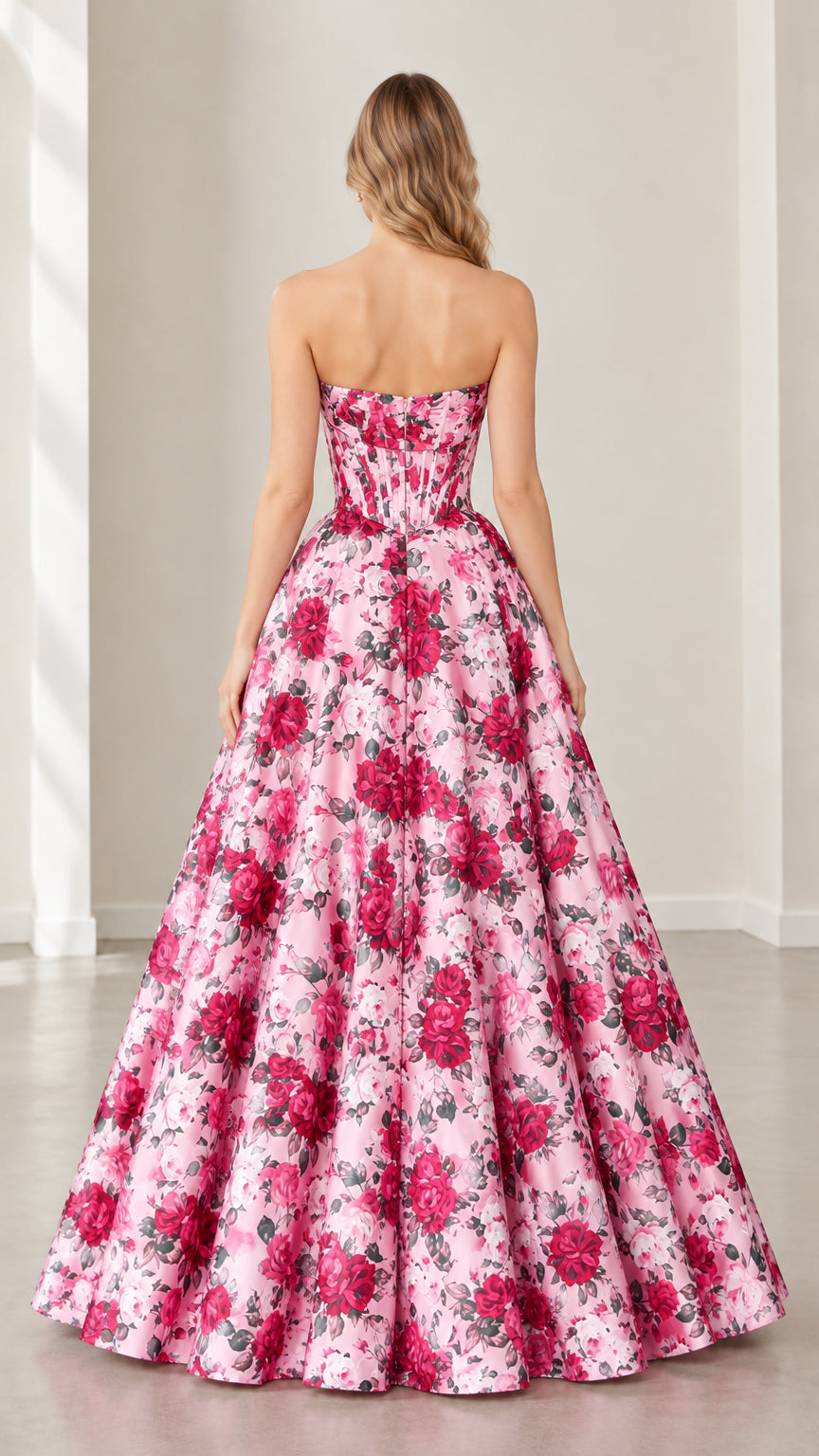 Pink floral strapless corset ball gown back view
