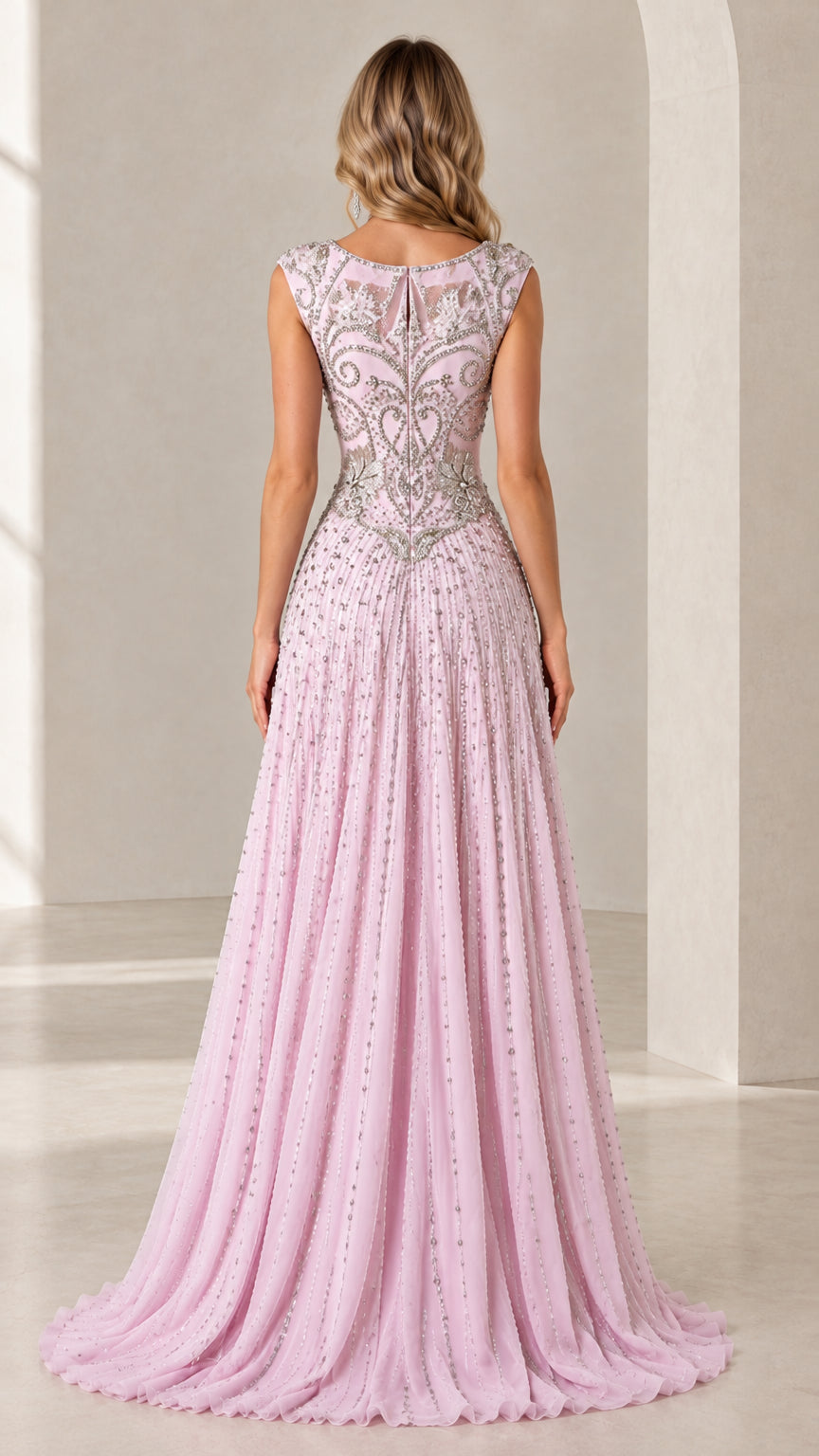 Back full-length view of Blush Pink formal evening gown showing scoop back and pleated skirt