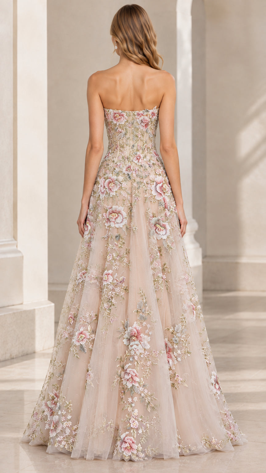 Champagne floral embroidered floor-length gown back view