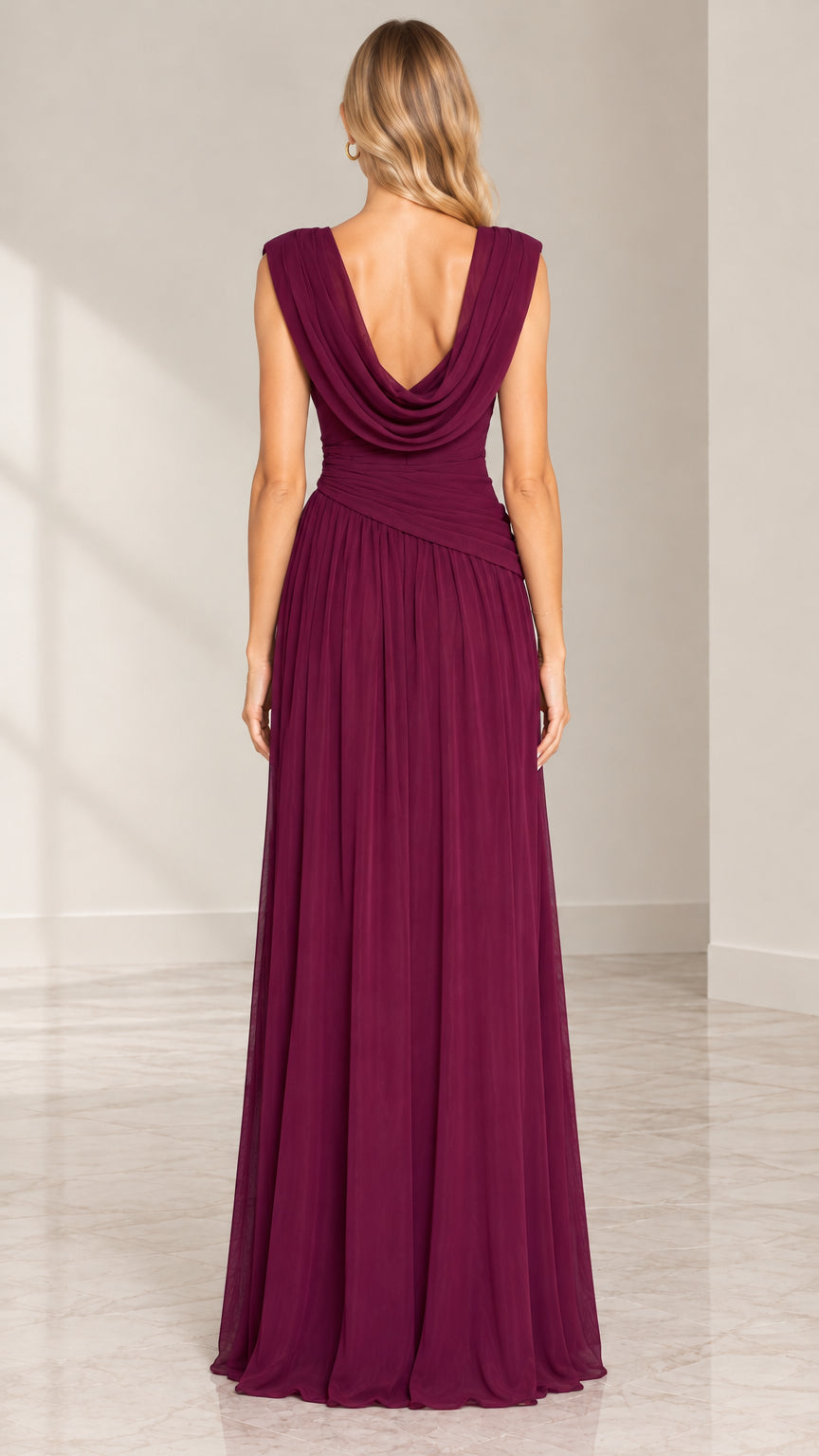 Burgundy cowl back evening dress rear view highlighting draped open back