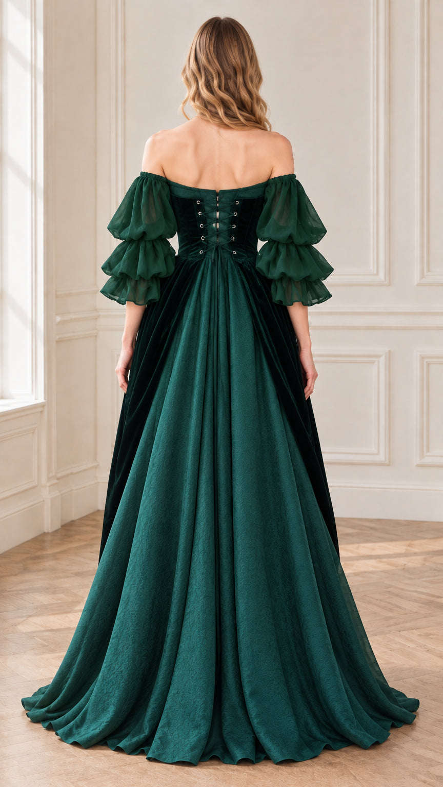 Back view of emerald green Renaissance gown showing lace-up corset closure