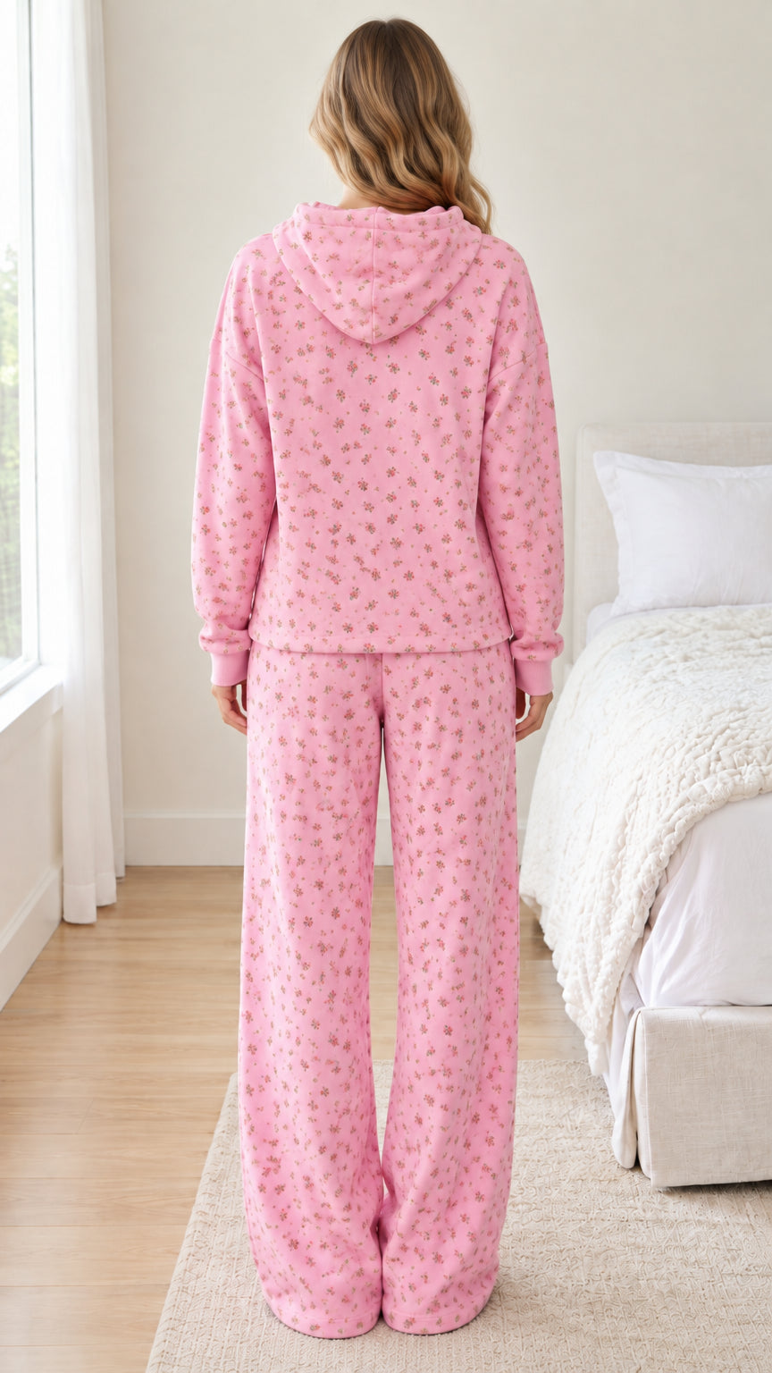 Back full-length view showing the hood and relaxed fit of the pink floral lounge set