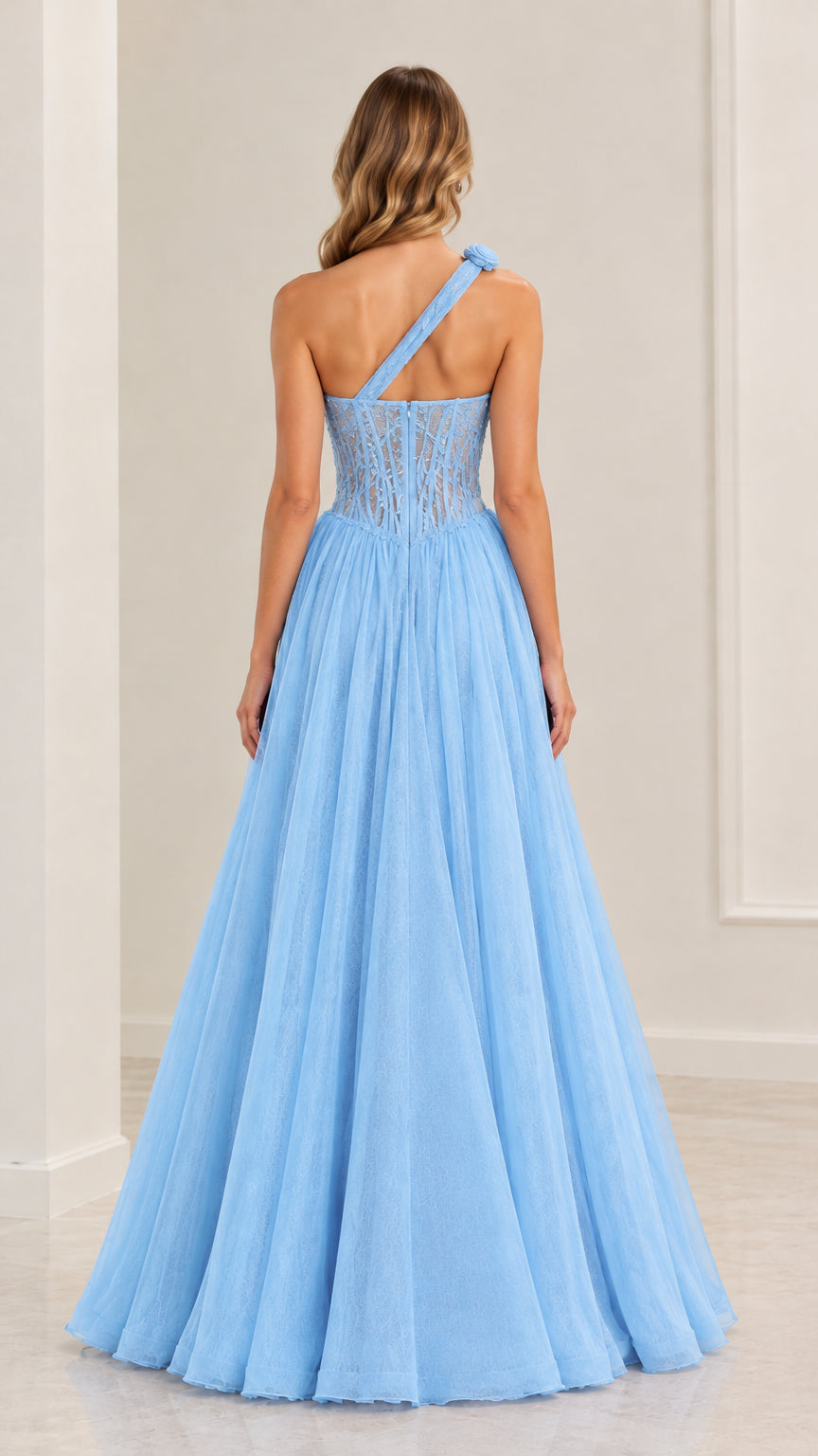 Back view of light blue one-shoulder corset evening gown