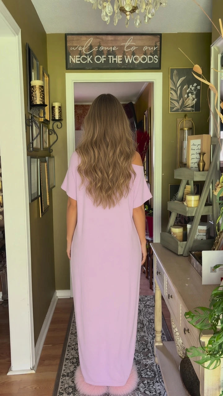 Back view of model wearing lavender short sleeve maxi dress