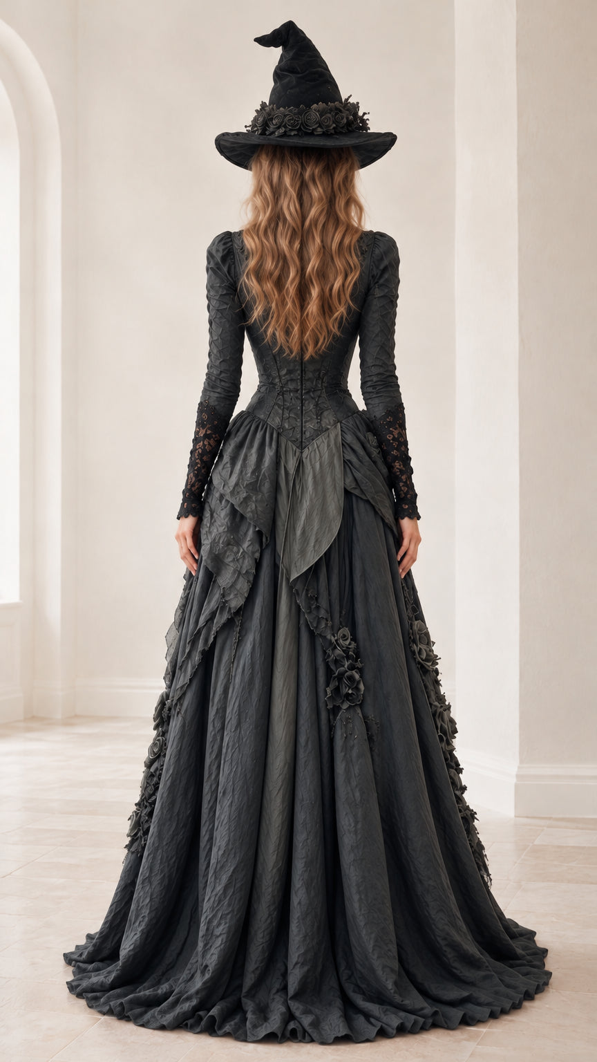 Back view of black gothic gown showing fitted waistline and sweeping floor-length hem
