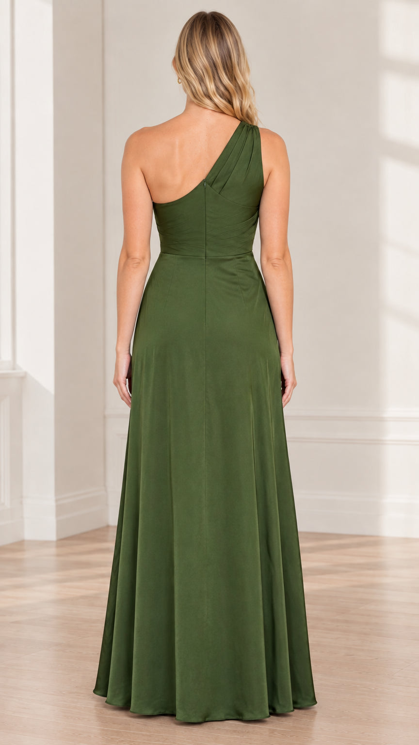 Back view of woman wearing olive green sleeveless one-shoulder formal dress