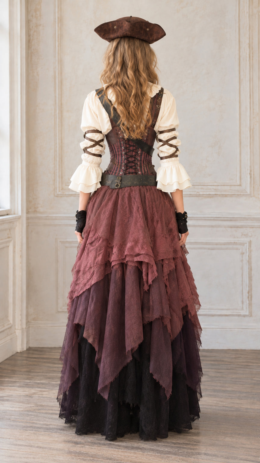 Back full-length view showing lace-up corset detail on pirate dress