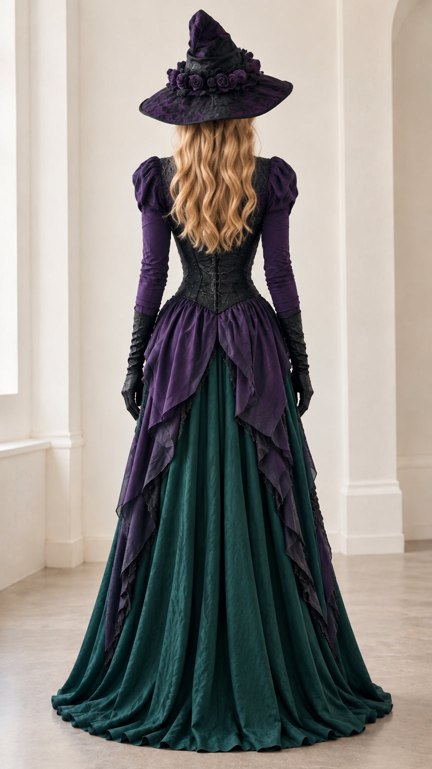 Back view of dark green and purple gothic maxi dress featuring tiered drapes and flowing hemline