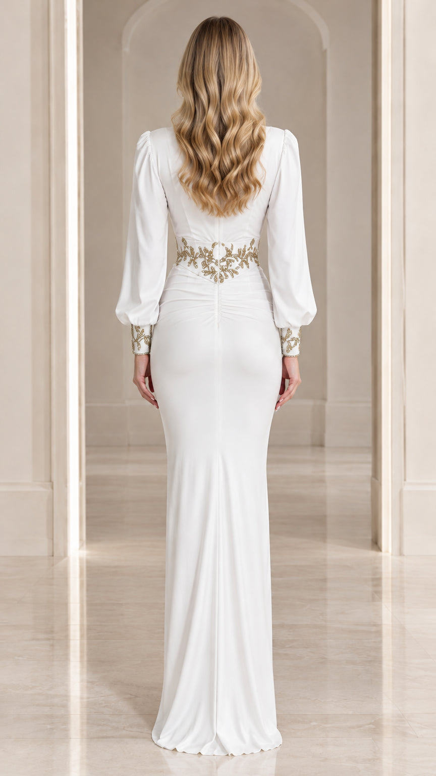 Back full-length view of model in white long sleeve maxi dress highlighting waist detailing