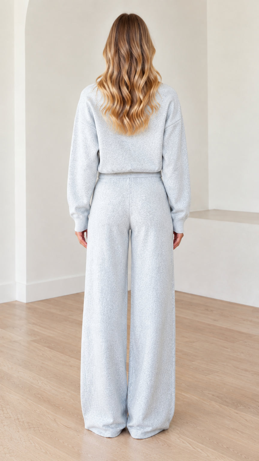 Back view of woman wearing Light Blue knit loungewear set