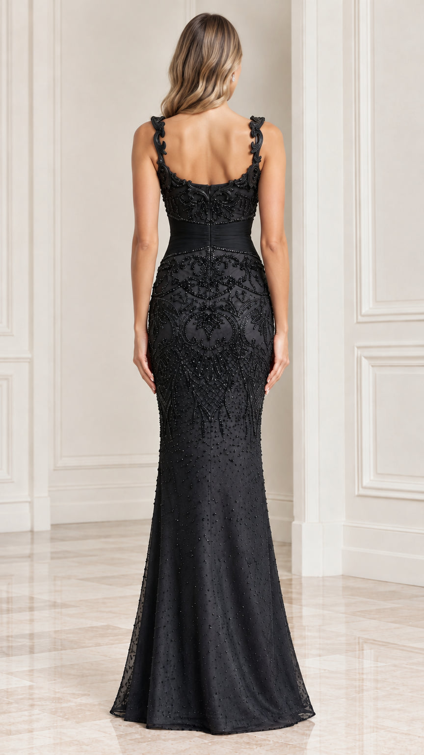 Back view of black mermaid evening gown with zipper and strap detailing