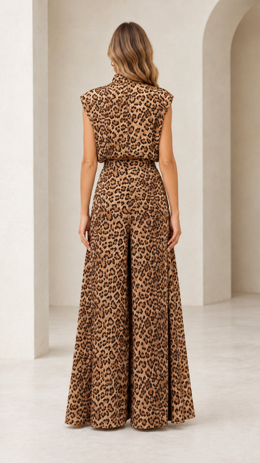 Back full view of woman wearing brown leopard print high neck crop top and wide-leg trousers