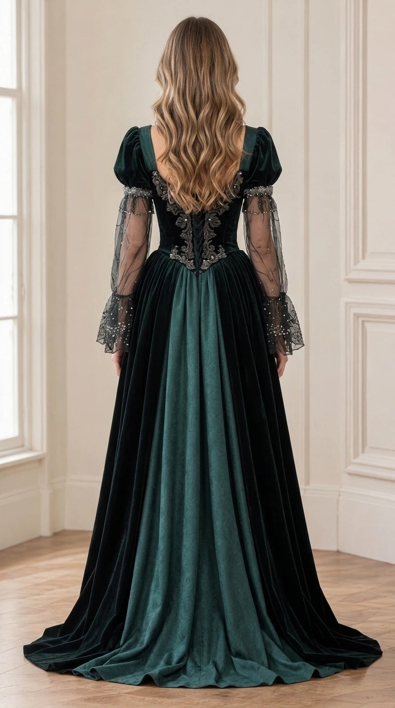 Back view of emerald green medieval gown showing gathering and train detail