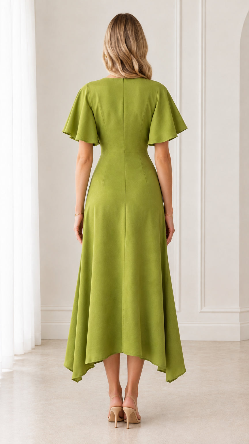 Olive green flutter sleeve midi dress - back view showing tailored seams
