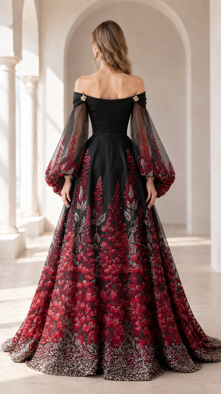 Back view of black and red off-shoulder formal evening dress with cascading floral embroidery