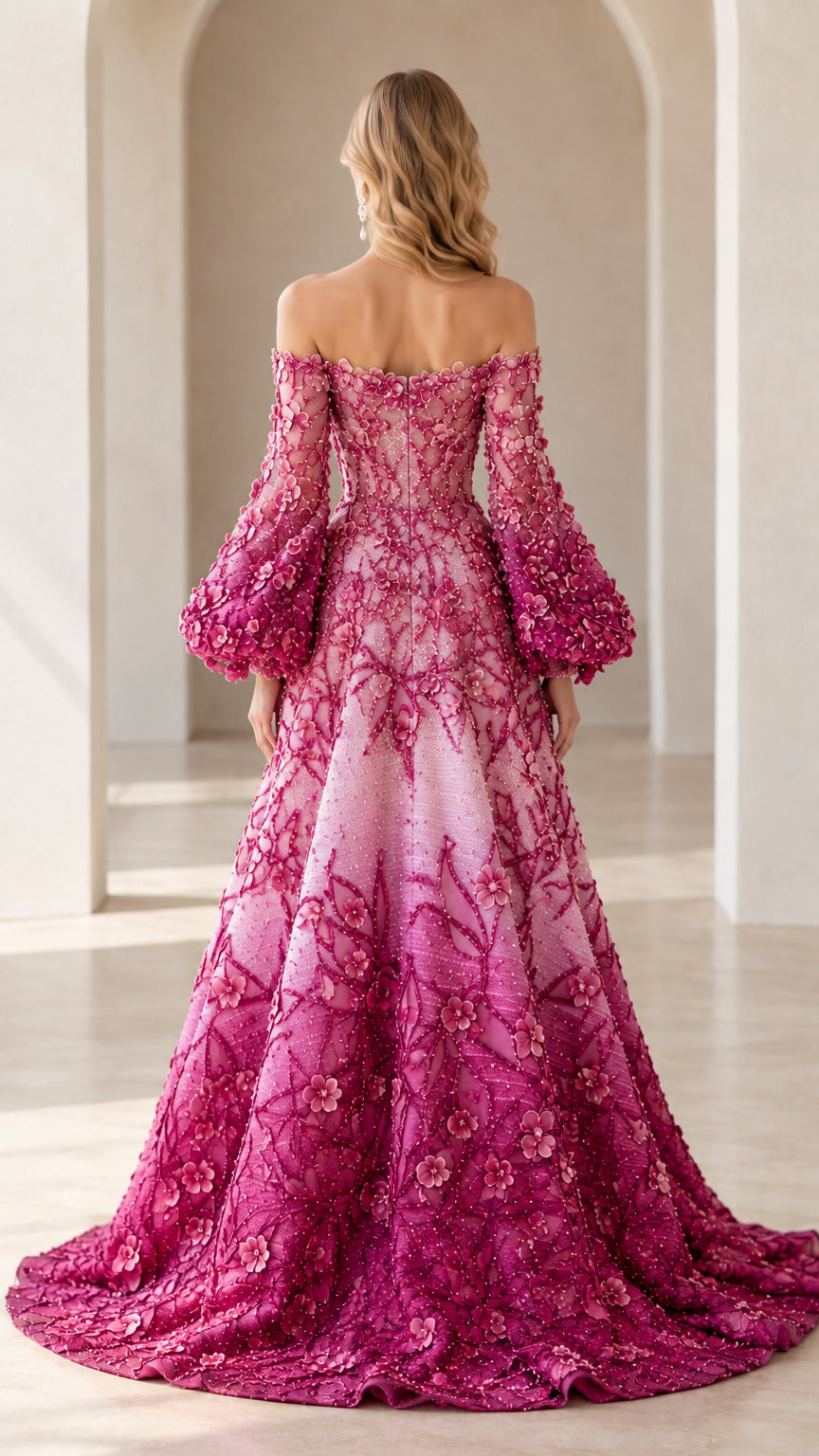 Back full-length view showing train of ombre pink floral appliqué gown