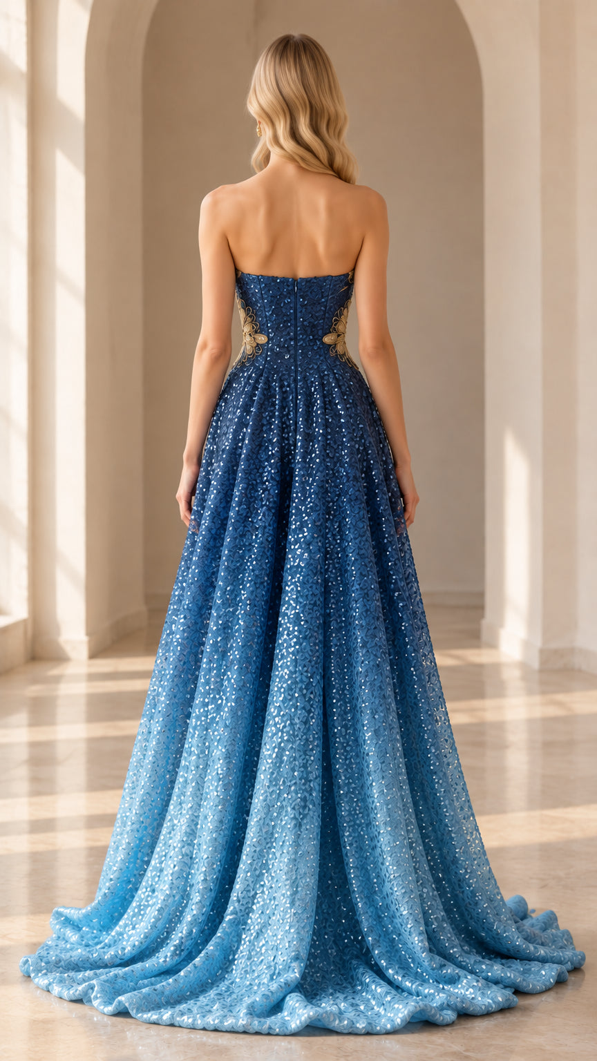 Back view of the strapless royal blue ombre sequin formal gown with floor-length train