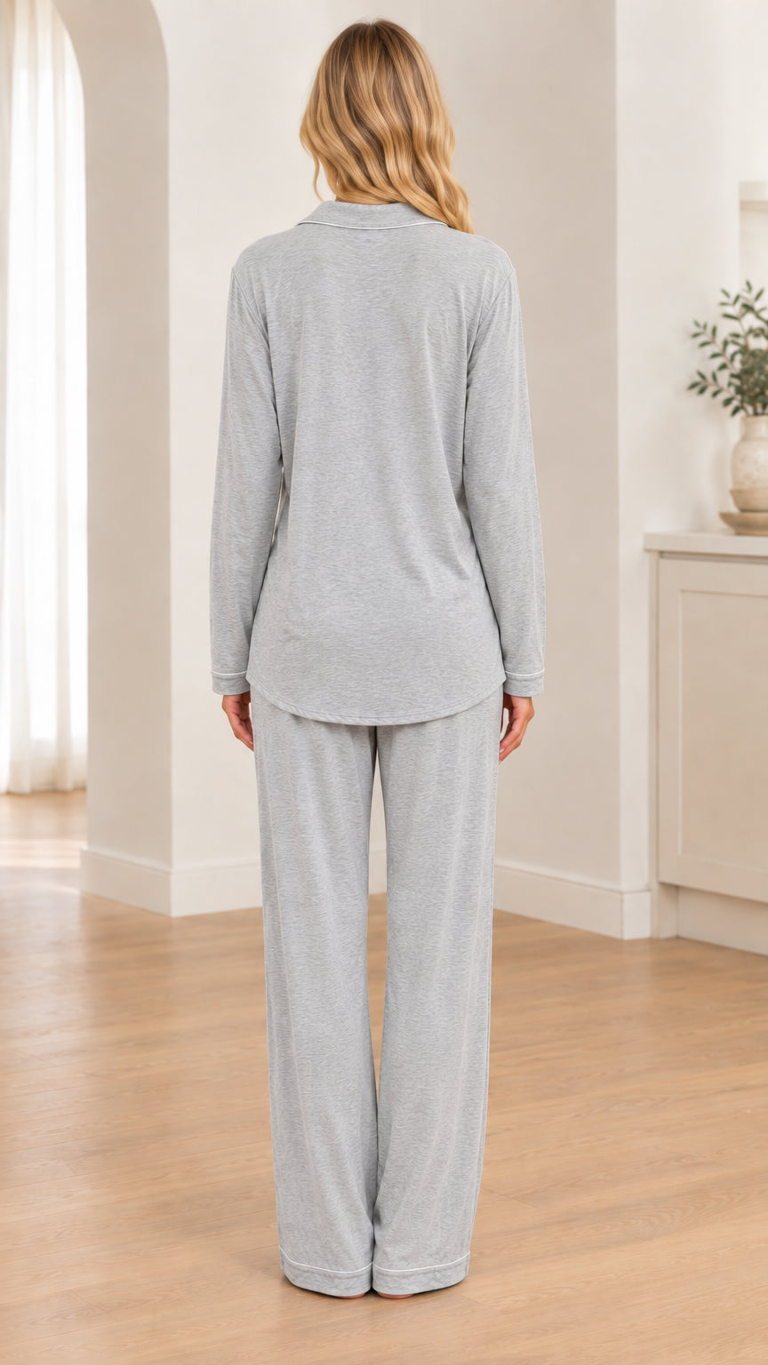 Back view of woman wearing Heather Grey long sleeve sleepwear set