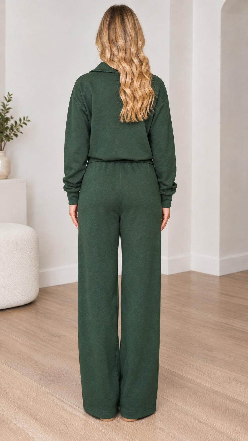 Back view of model wearing forest green long sleeve half-zip lounge set