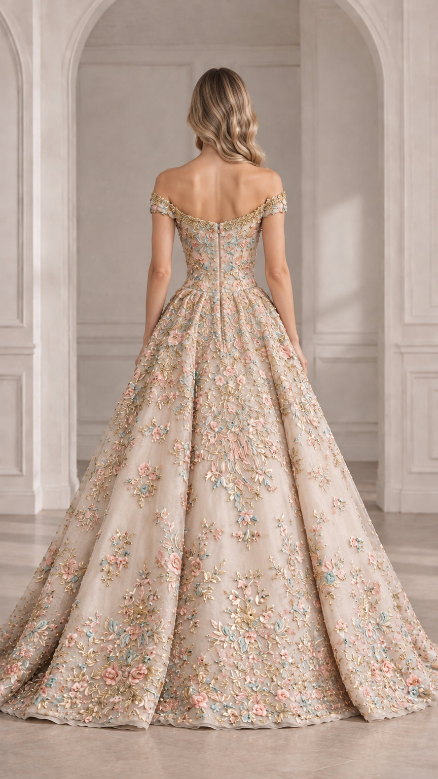 Champagne embroidered ball gown dress back view with train