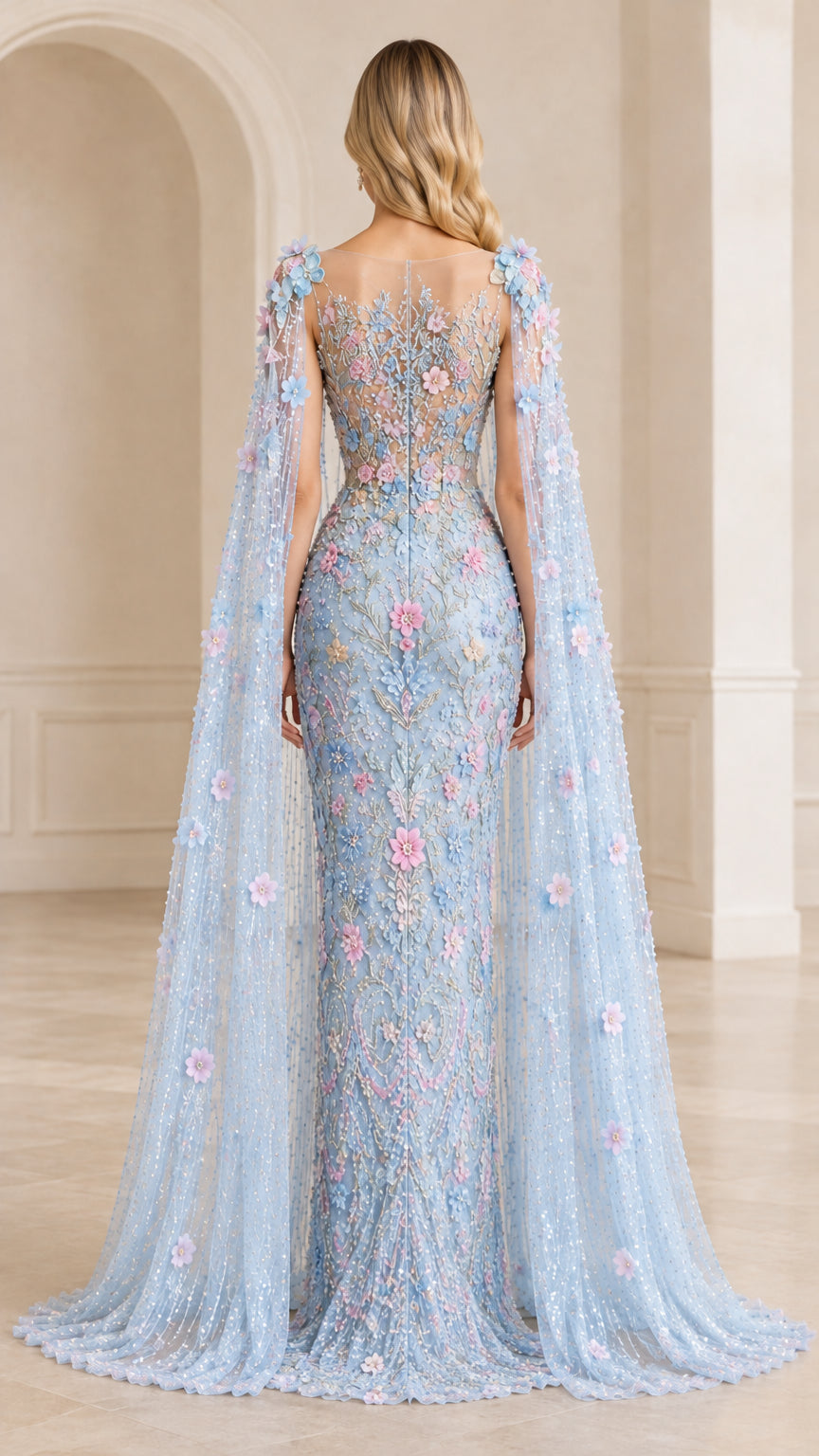 Back view showing sweeping sheer cape on light blue embellished gown
