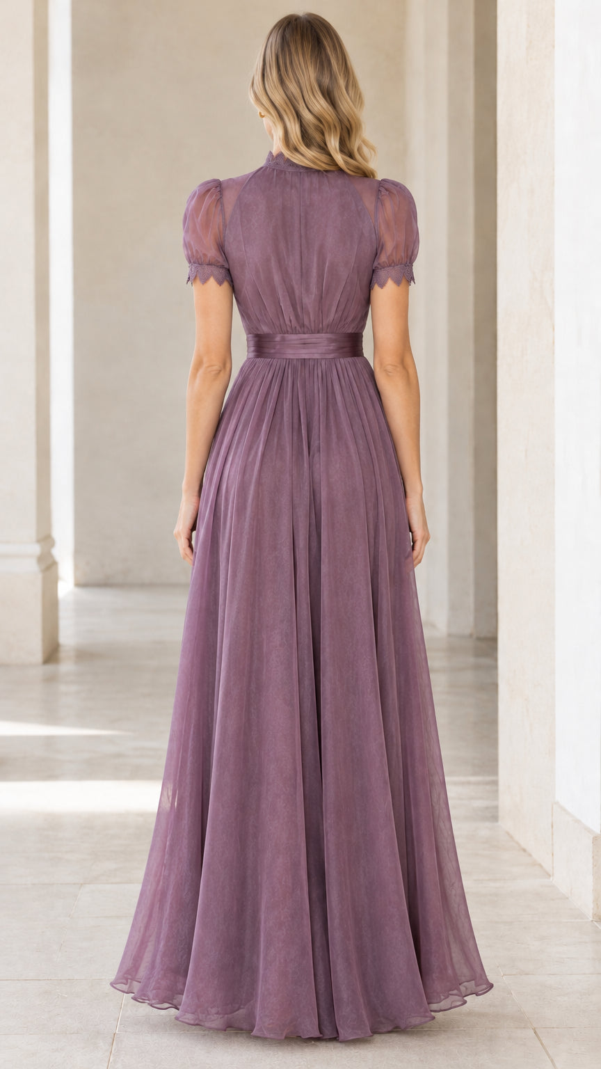 Dusty purple short-sleeve maxi evening dress - back view