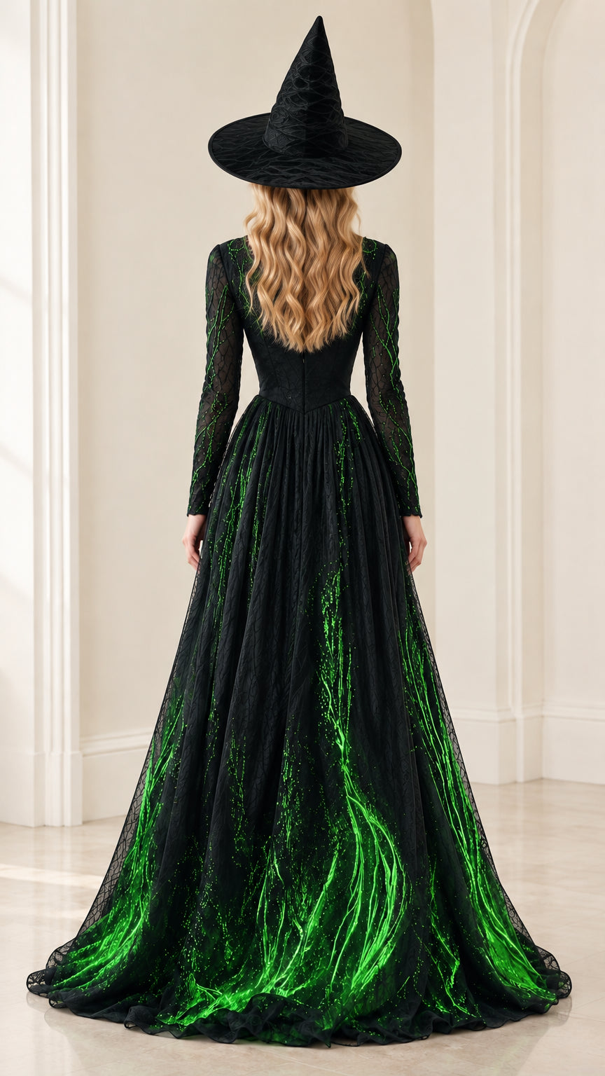 Rear view of model showing floor-length black skirt with green glitter accents and sheer lace back