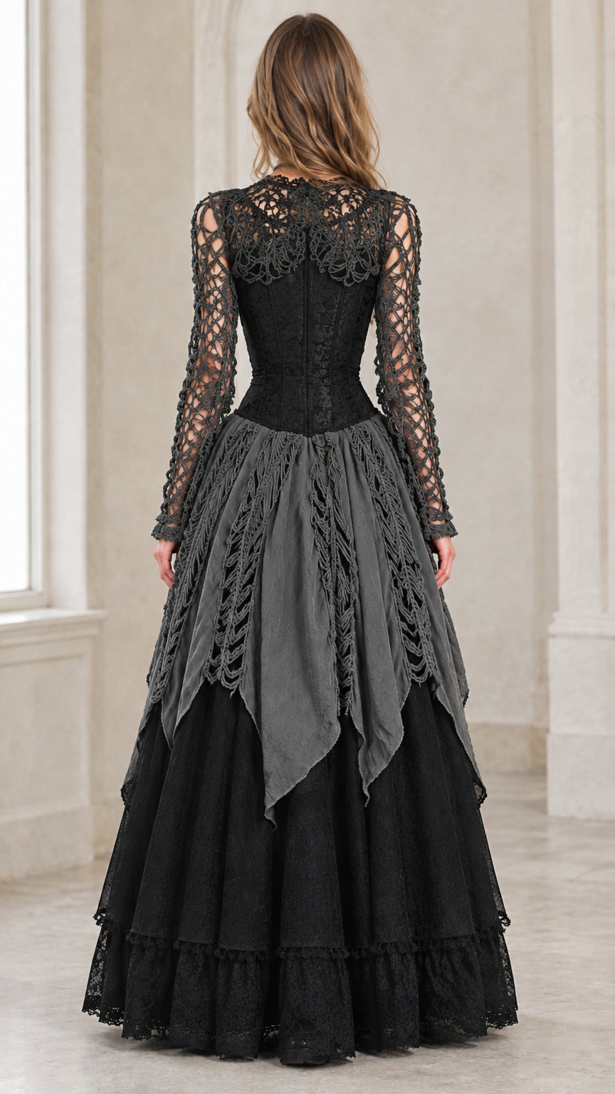 Back view of woman wearing black gothic corset gown highlighting lace yoke and back tailoring